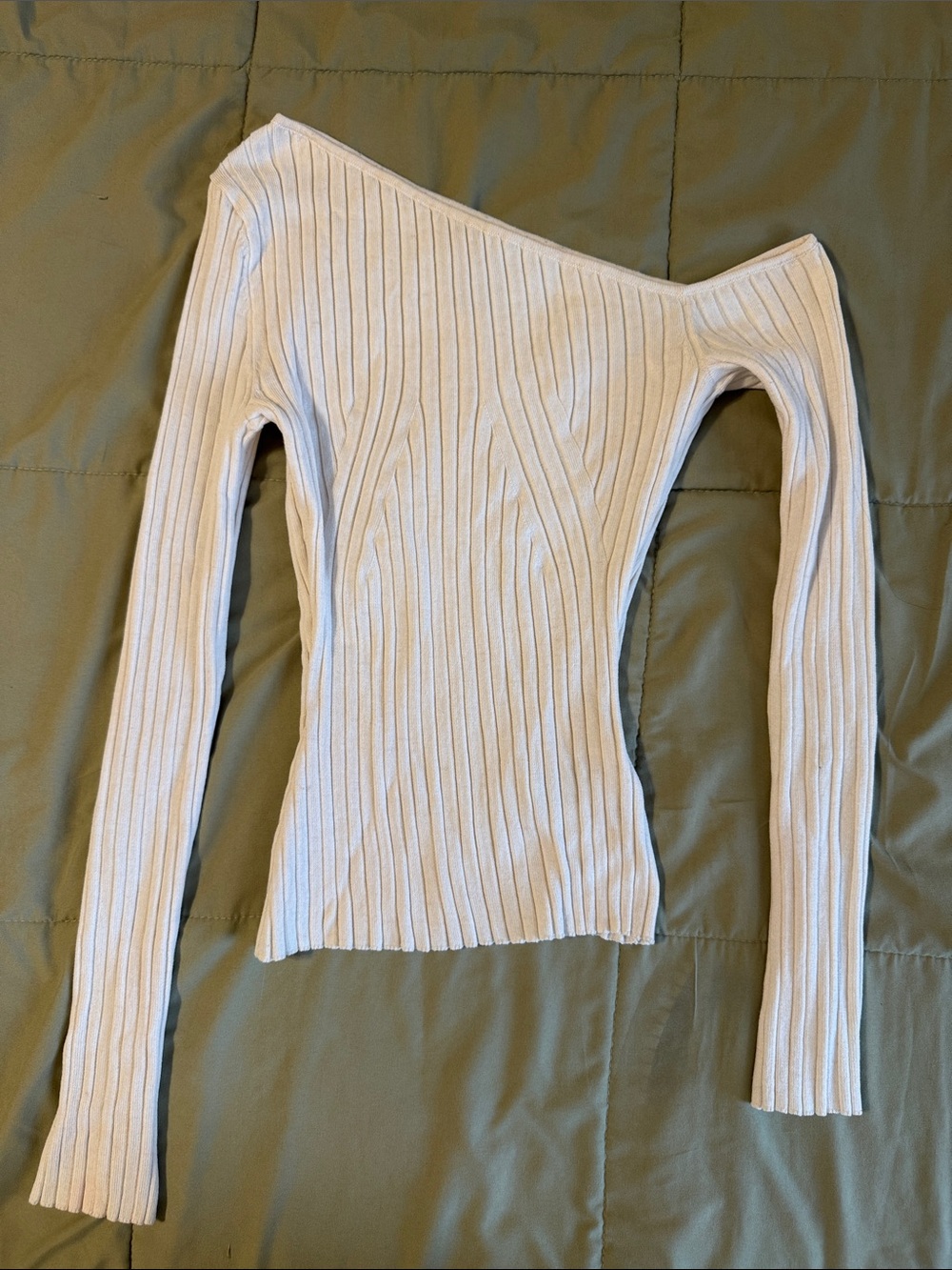 H&M Cream Ribbed One-Shoulder Long Sleeve Top
